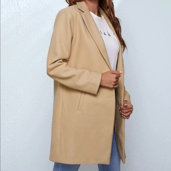 Camel single button trench long peacoat jacket tan - Picture 2 of 5